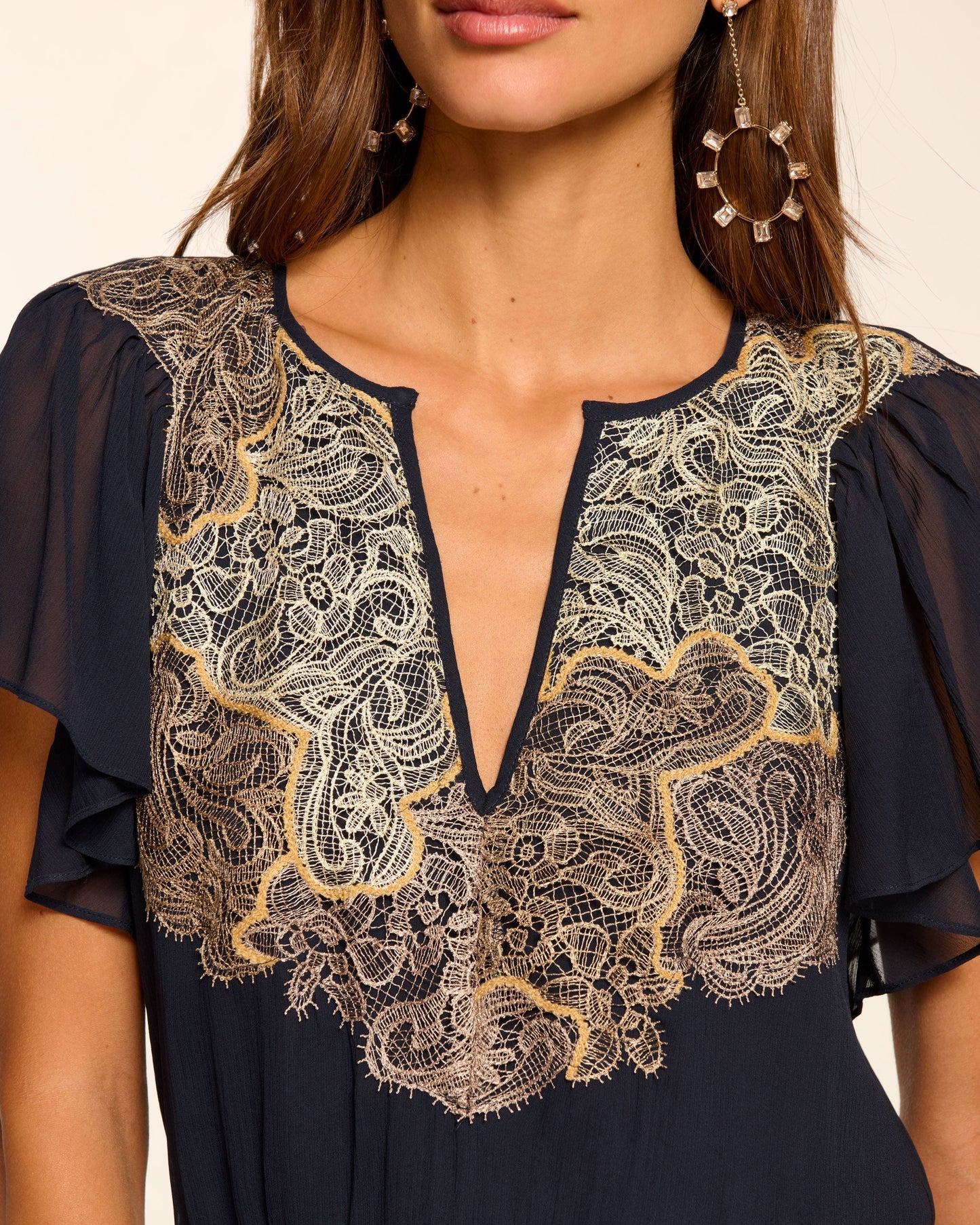 Ismeria Smocked Lace Embellished Mini Dress