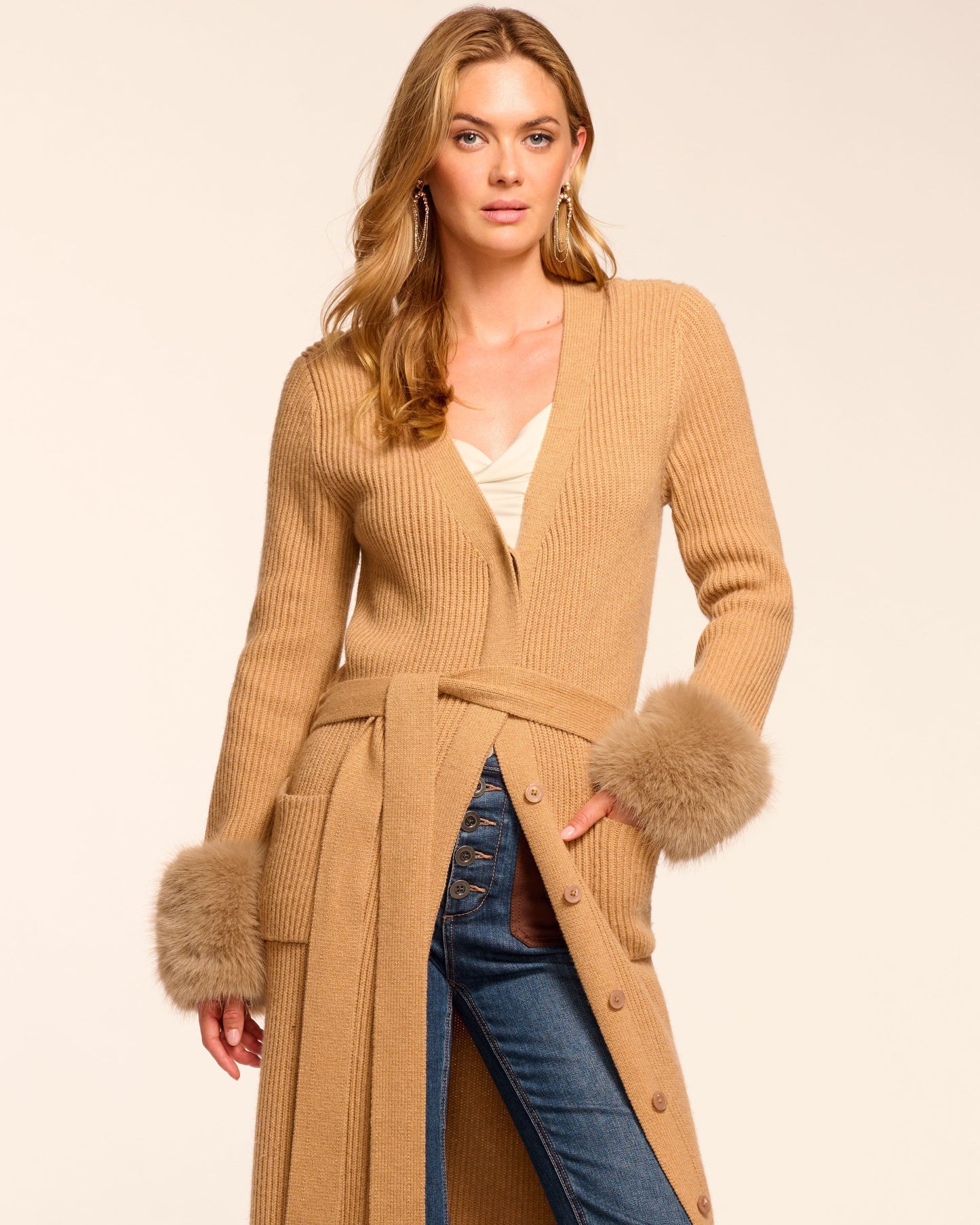 Louise Wool Blend Faux Fur Trim Duster Sweater