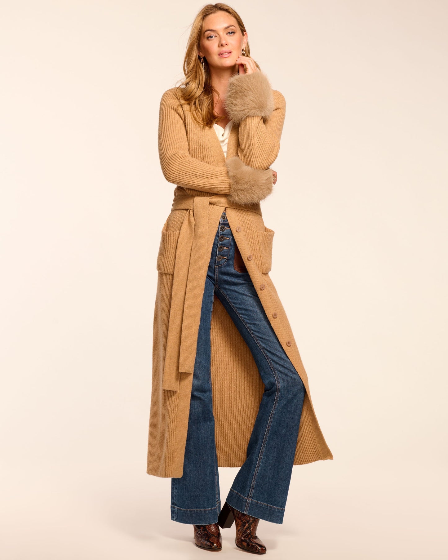 Louise Wool Blend Faux Fur Trim Duster Sweater