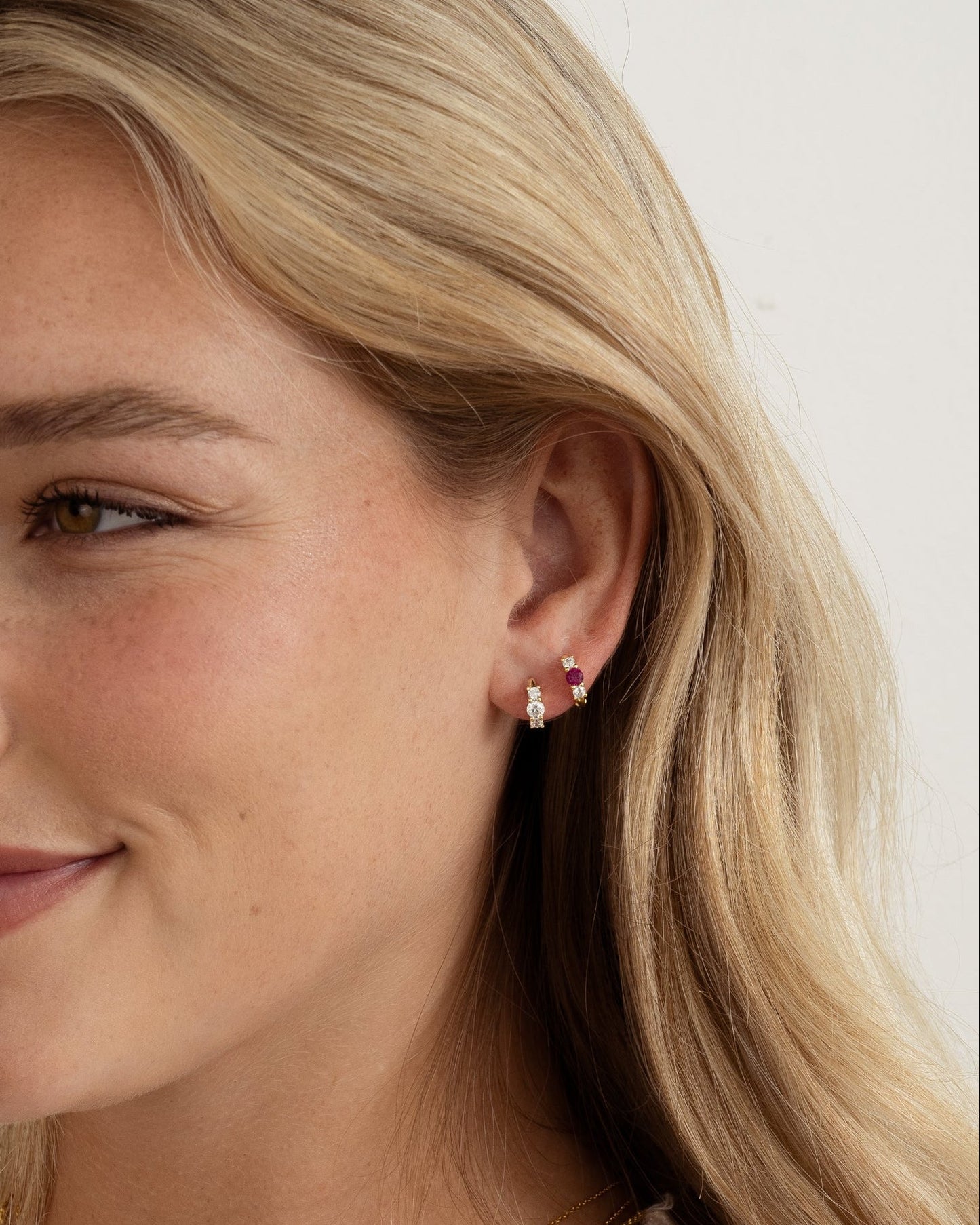 Ruby Three Stone Huggie Hoops