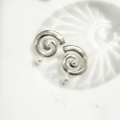 Open Spiral Pearl Earrings w/ Charm
