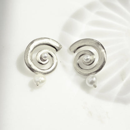 Open Spiral Pearl Earrings w/ Charm