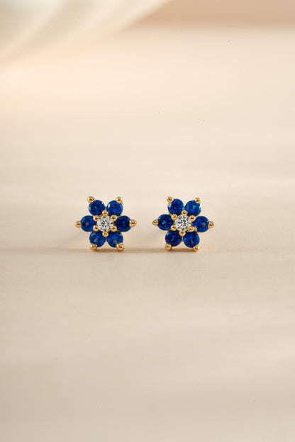 Sapphire Flower Stud W/ CZ Center Stone