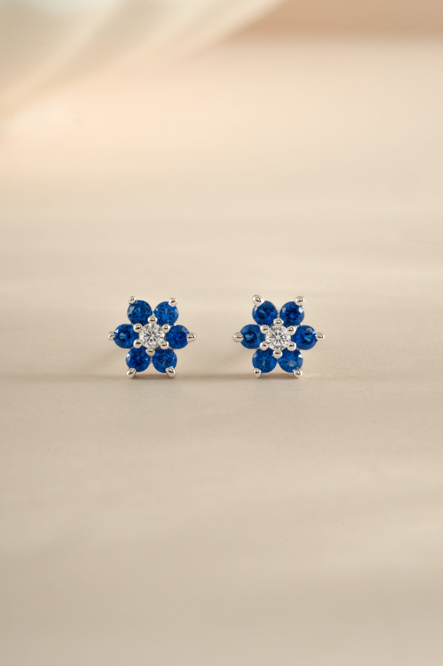 Sapphire Flower Stud W/ CZ Center Stone