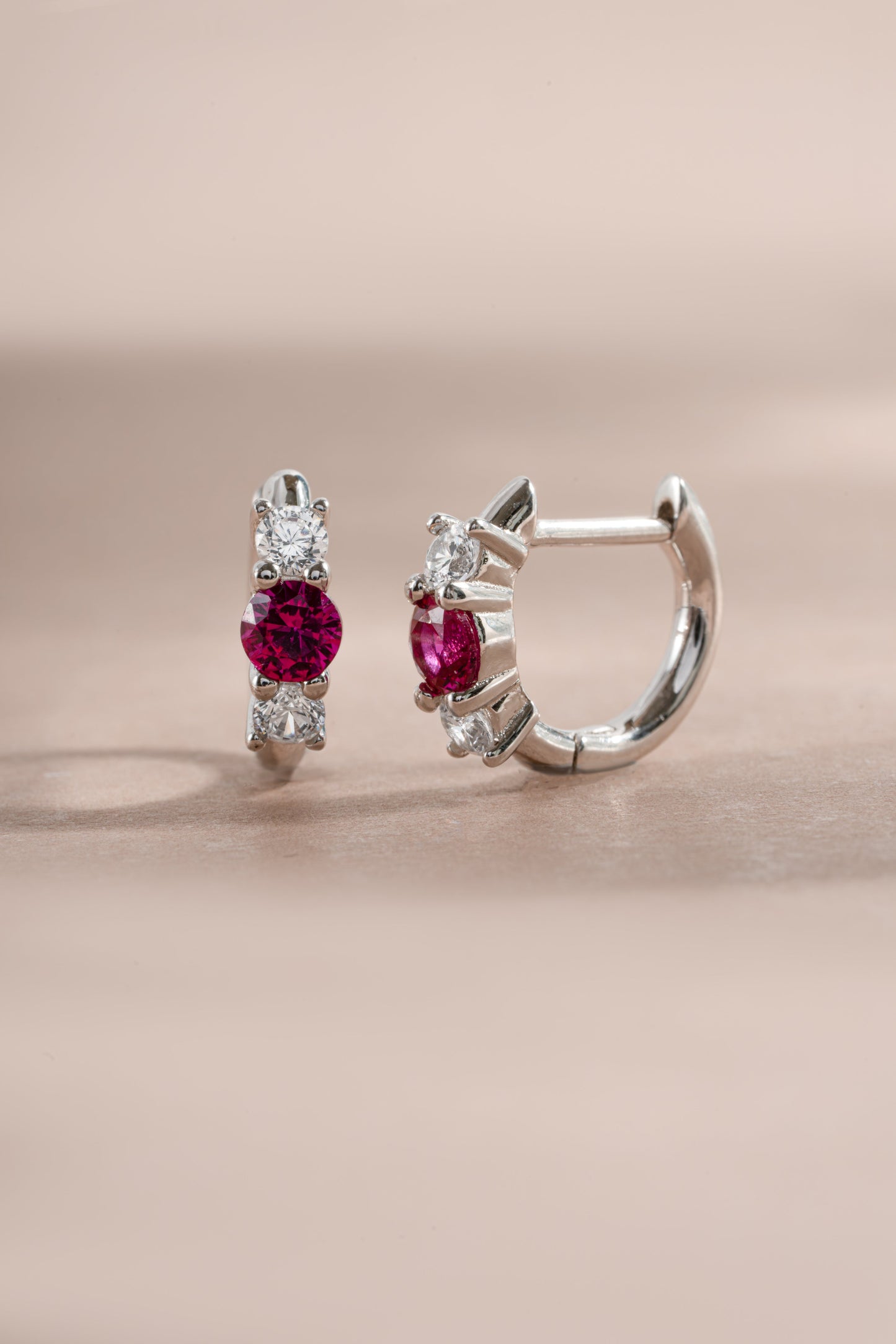 Ruby Three Stone Huggie Hoops
