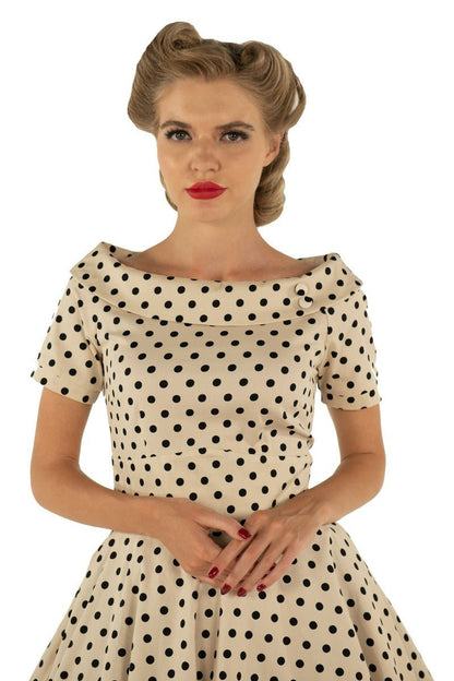 Darlene Retro Polka Dot Swing Dress in Beige