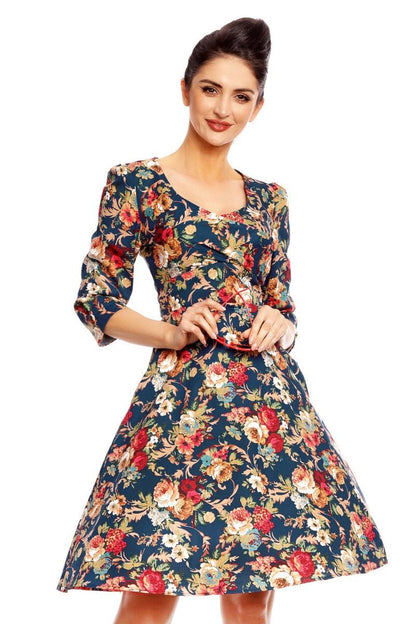 Katherine Long Sleeve 50s Style Floral Swing Dress in Purple