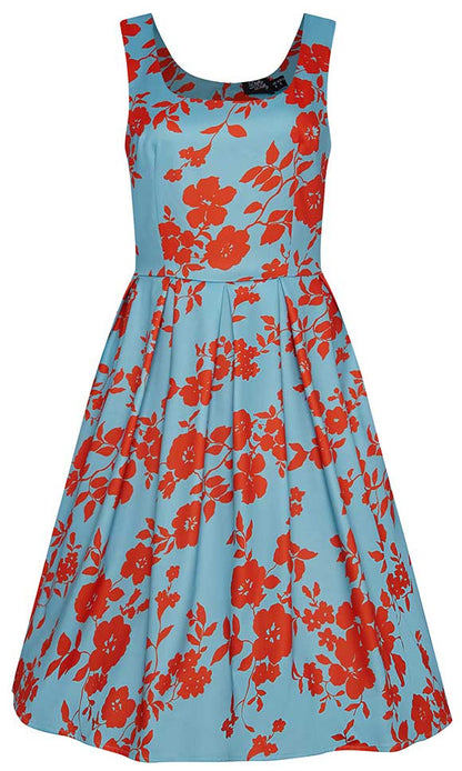 Gorgeous Amanda 50s Inspired Light Blue Swing Dress with Red Flowers