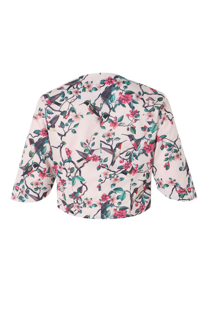 Lisette White Bird Print Bolero Jacket